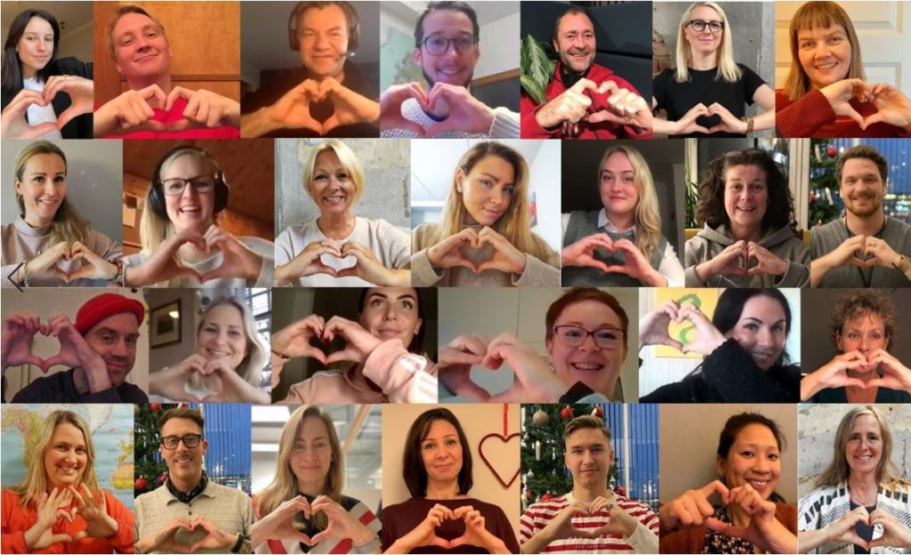 Bildecollage av mange mennesker som holder opp hendene formet som et hjerte for å illustrere fellesskapet til Giving Tuesday.