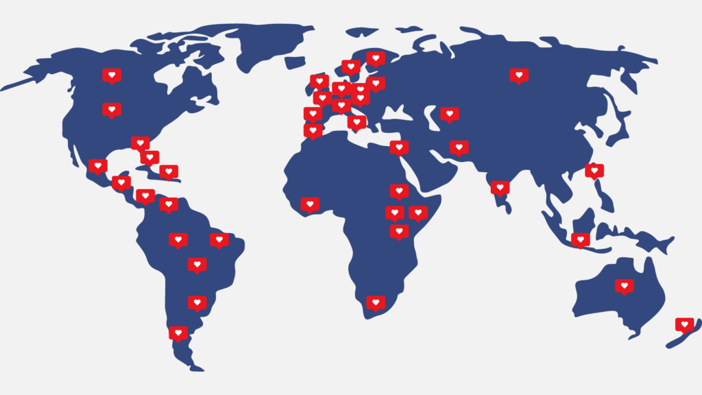 En illustrasjon over verdenskart med hjerter i alle land der GivingTuesday feires. 