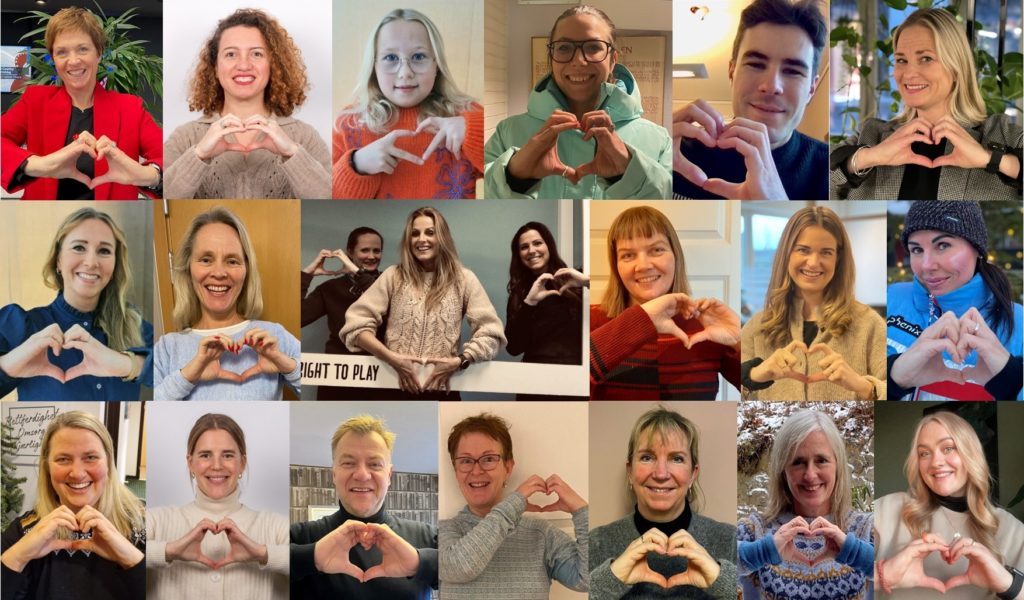 En collage av mange mennesker for former hendene sine som et hjerte. 