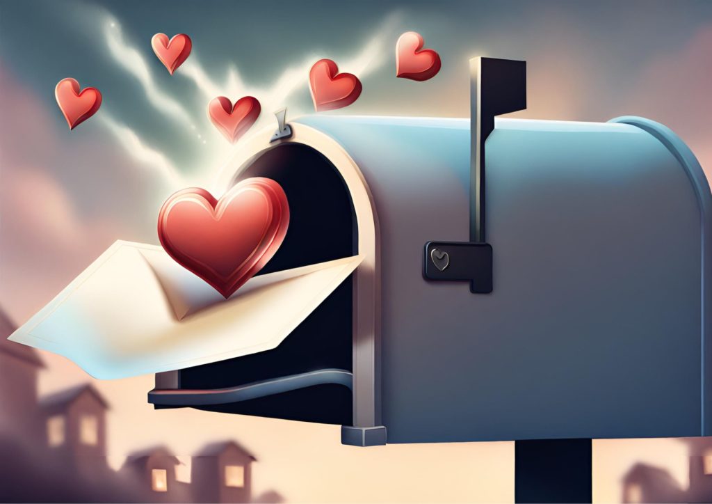 Et illustasjonsbilde av et brev som flyr inn i en postkasse med hjerter svevende rundt. Bildet er generert av kunstig intelligens. 
