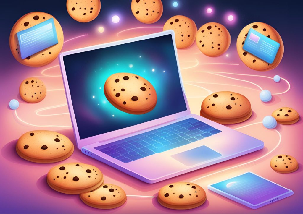 Illustrasjonsbilde av kjeks svevende rundt en laptop for å illustrere bruken av cookies på nettside, også kalt informasjonskapsler. 